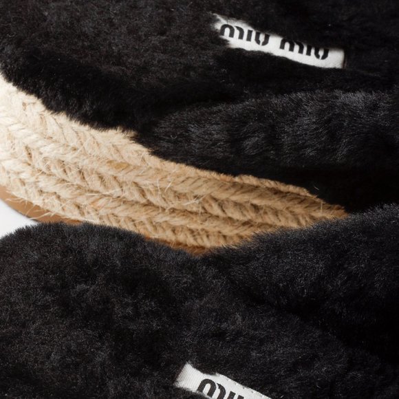 Miu Miu Black Shearling Crisscross Platform Slides - Picture 9 of 10